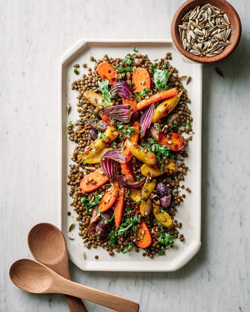A white bowl holds a colorful salad with three main layers: the bottom layer is a mix of roasted orange carrot sticks and chunks of purple onion, the middle layer is scattered green leaves, and the top layer features pale dollops of creamy white sauce and sprinkled small brown lentils. To the side, a smaller white bowl contains more lentils, while another white plate has a pile of fresh green leafy herbs. A spoon rests inside the salad bowl, and the background is a white marbled surface. photo taken with an iphone --ar 4:5 --v 7