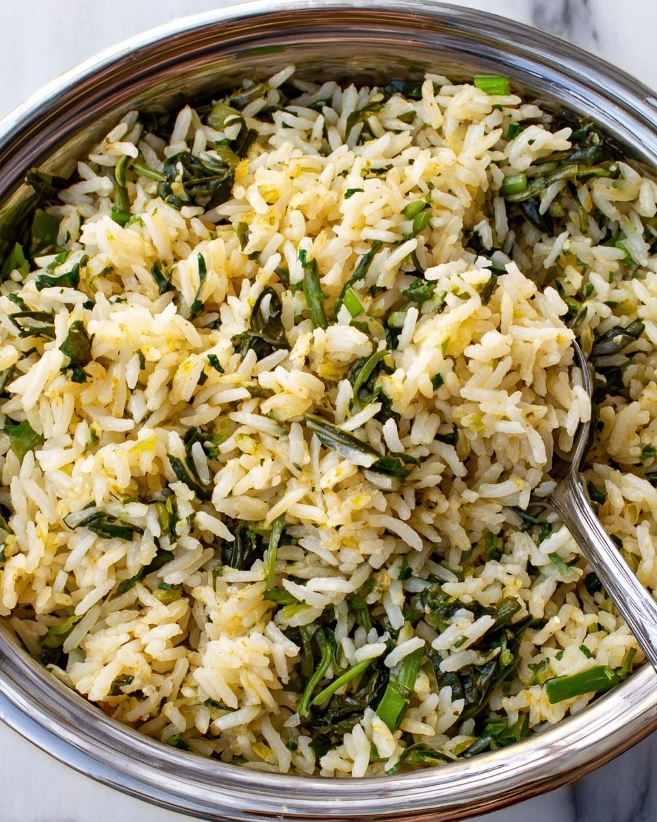 A white bowl filled with cooked rice mixed with finely chopped green herbs and spinach, giving the rice a speckled texture of light brown and dark green. The rice is topped with bright yellow thin lemon zest strips finely spread on the top. The bowl is placed on a white towel with blue and yellow stripes, set on a white marbled surface. Behind the bowl are two whole yellow lemons, green spinach leaves, and sprigs of fresh dill, adding vibrant color to the scene. A silver spoon rests partly visible beside the bowl. Photo taken with an iphone --ar 4:5 --v 7
