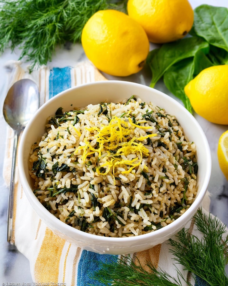 A close-up view of a dish filled with cooked rice mixed with wilted green leafy vegetables, showing individual grains coated with light yellow seasoning and bits of green herbs scattered throughout. The rice and greens are inside a shiny metal container with a silver spoon partially submerged in the mixture. The texture of the rice is fluffy and slightly moist, while the greens add a soft, wilted texture and deep green color contrast. The image has a clean white marbled surface beneath the container. photo taken with an iphone --ar 4:5 --v 7