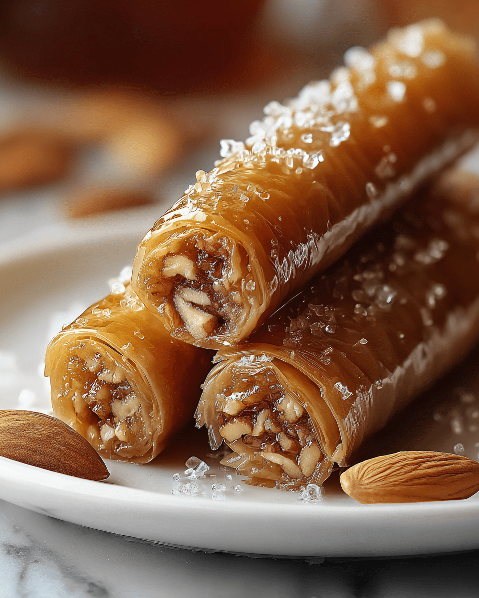 The image shows three shiny, golden-brown rolled pastries tightly packed with visible layers containing chopped nuts inside, resting on a clean white plate. The pastries have a glossy, sticky texture with coarse white sugar crystals sprinkled on top, enhancing their sweet appearance. The focus is close-up, highlighting the smooth surface of the rolls and the texture of the nuts peeking out at each end. A single almond is placed near the plate's edge, adding a natural touch. The background is softly blurred with warm tones, and the plate sits on a white marbled texture. Photo taken with an iphone --ar 4:5 --v 7