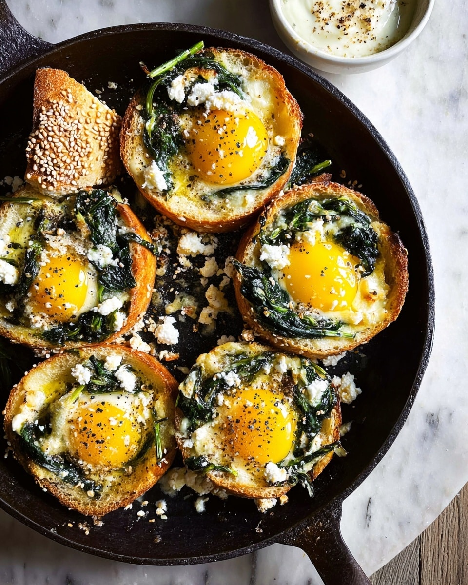 The image shows a black pan filled with five baked egg cups, each made with a round piece of toasted bread as the base. Each bread cup holds a bright yellow baked egg yolk in the center, surrounded by wilted spinach leaves and sprinkled with crumbled white cheese. The bread edges are golden brown and slightly crispy, with some sesame seeds on two of the cups. The spinach is dark green, and the cheese is melted and slightly browned in spots. There are scattered black spices on the eggs, adding texture. The pan sits on a white marbled surface with a small white bowl of creamy white sauce topped with black and yellow seeds in the corner. photo taken with an iphone --ar 4:5 --v 7