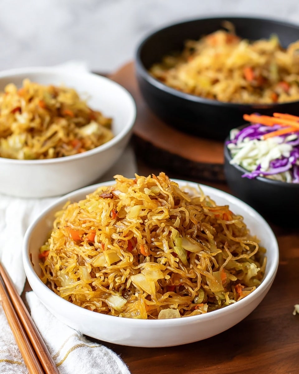 The image shows a close-up of a white bowl filled with a large portion of stir-fried noodles mixed with small vegetables like carrots, onions, and cabbage, creating a mix of golden brown and light orange colors with a slightly crispy texture on top. In the background, there are two more bowls, one white and one black, both also filled with similar noodles, and a small black cup holding shredded white and purple cabbage along with thin carrot slices. Next to the main bowl on the left side, there is a pair of wooden chopsticks resting on a folded white cloth on a wooden table, all set against a white marbled texture. photo taken with an iphone --ar 4:5 --v 7