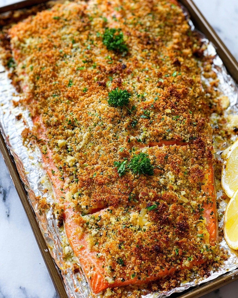 The image shows a large piece of salmon fillet on a baking tray lined with foil, topped with a thick, crunchy golden-brown breadcrumb crust that appears crispy and herb-speckled. The crust has a mix of finely chopped green herbs and small crumbs evenly covering the entire surface of the pinkish-orange salmon. There are a few small pieces of fresh parsley on top for garnish. On the right side of the tray, a slice of lemon with a light yellow color sits beside the salmon. The background surface is a white marbled texture. photo taken with an iphone --ar 4:5 --v 7