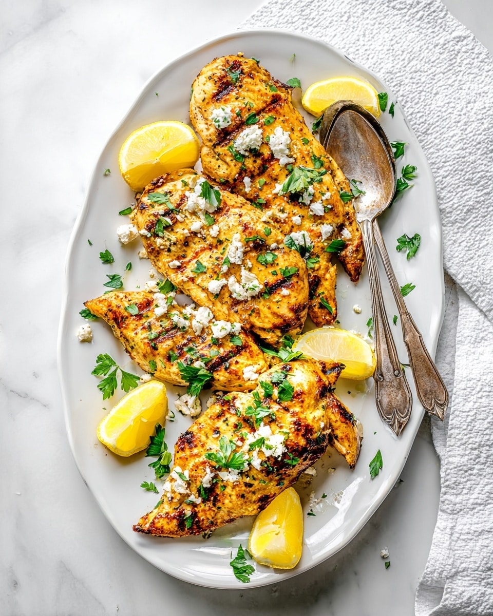 A white plate holds two grilled chicken breasts, each sliced into about seven thick pieces arranged in a row, showing a juicy, cooked white inside with a golden brown crust seasoned with herbs and spices. The chicken sits in a shallow pool of yellowish sauce with bits of green herbs mixed in. Crumbled white cheese is sprinkled over the chicken slices, with some cheese scattered around in the sauce. Two yellow lemon wedges are placed at the top edge of the plate, partially resting against the chicken. The background features a blurred white marbled surface. Photo taken with an iphone --ar 4:5 --v 7