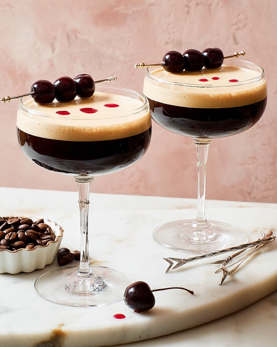 Two clear glass coupe glasses each hold a two-layer espresso martini cocktail, with a dark black coffee layer on the bottom and a thick light creamy foam layer on top. Each drink is decorated with a small skewer of three glossy black cherries placed on the rim of the glasses. A few small red dots are lightly spread on the foam’s surface for extra detail. The glasses stand on a white marbled table with a small white scalloped dish filled with dark roasted coffee beans nearby. Two silver arrow-shaped cocktail picks lie on the table beside a single loose black cherry with dark red syrup. The background is a soft pink textured wall. Photo taken with an iphone --ar 4:5 --v 7
