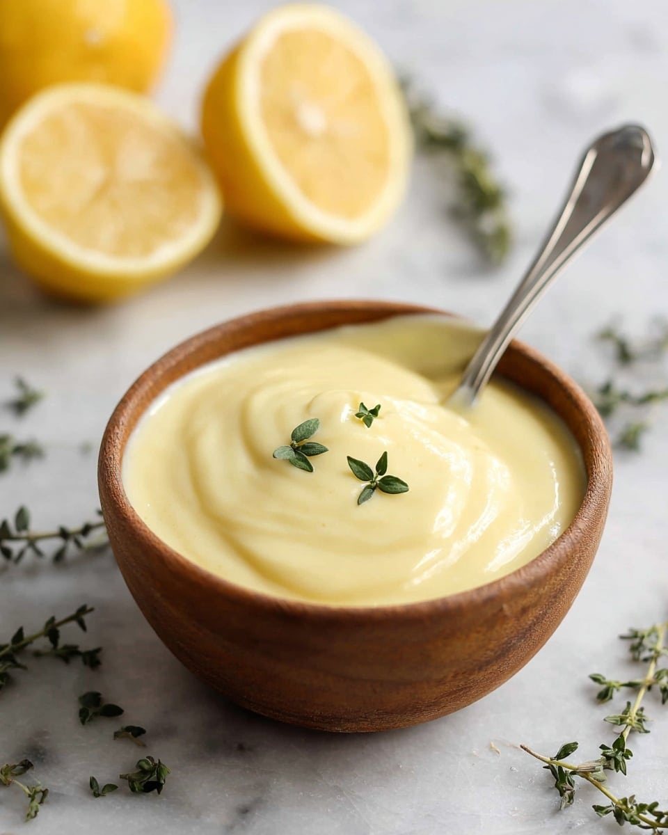 A small white wooden bowl filled with smooth, pale yellow creamy sauce sits on a white marbled surface. The sauce has a soft, thick texture and is topped with two small green herb sprigs. A silver spoon is resting inside the bowl, partially submerged in the sauce. In the blurred background, two halved lemons with bright yellow, juicy interiors are placed, adding a fresh touch to the scene. Photo taken with an iphone --ar 4:5 --v 7