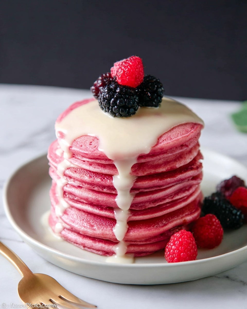 A stack of seven pink pancakes sits on a white plate, each pancake smooth and evenly thick with a soft, spongy texture. White creamy sauce drips down the sides from the top pancake, creating glossy trails. On the very top, there is a small pile of fresh berries: three blackberries and two raspberries, adding deep black and bright red colors with their bumpy textures. The plate is placed on a white marbled surface, and a gold fork rests nearby. photo taken with an iphone --ar 4:5 --v 7