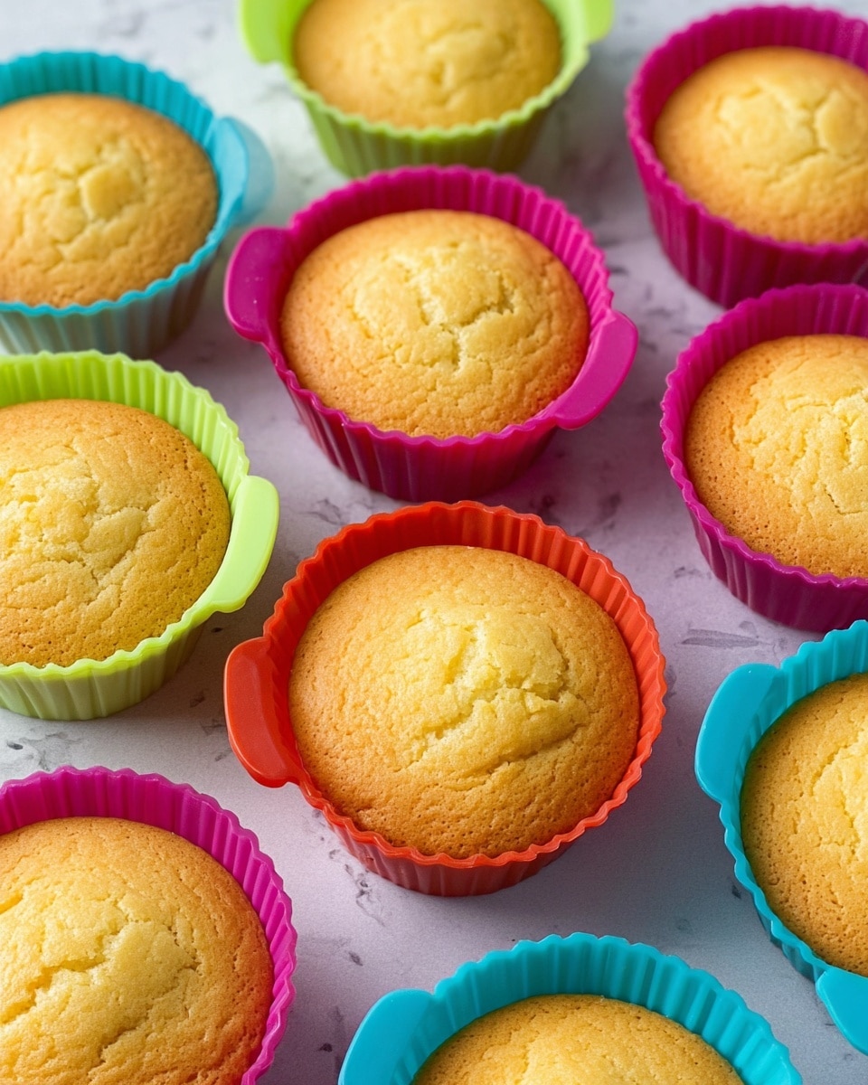 A close-up image of eleven freshly baked yellow cupcakes with golden tops that have slight cracks, each sitting in colorful silicone cups in shades of green, red, blue, and purple, arranged over a white marbled textured surface. The cupcakes are uniform in size and texture, filling most of the flexible silicone cup's interior, while the cups have scalloped edges and small handles on opposite sides. The overall look is bright and cheerful with the smooth silicone contrasting the slightly crumbly cake tops. photo taken with an iphone --ar 4:5 --v 7