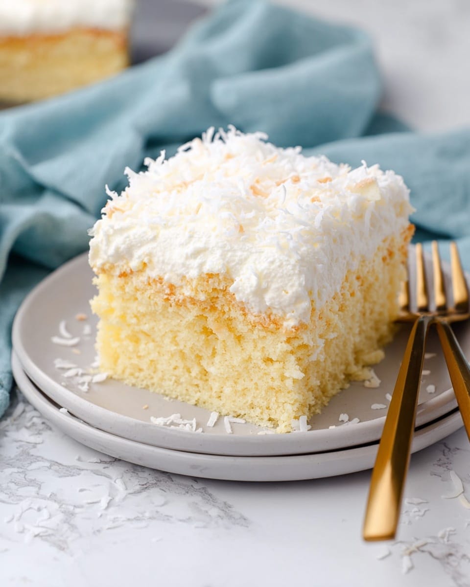 A single square piece of cake is shown on a white plate, placed on a white marbled surface. The cake has three visible layers: a thick, light yellow sponge base with a fluffy and porous texture, a middle creamy layer of pale yellow filling, and a smooth, white frosting layer on top, covered with shredded coconut flakes that add texture. Some coconut flakes are scattered around the plate. Two golden forks lie beside the plate, and a soft blue cloth is faintly visible in the background. Photo taken with an iphone --ar 4:5 --v 7