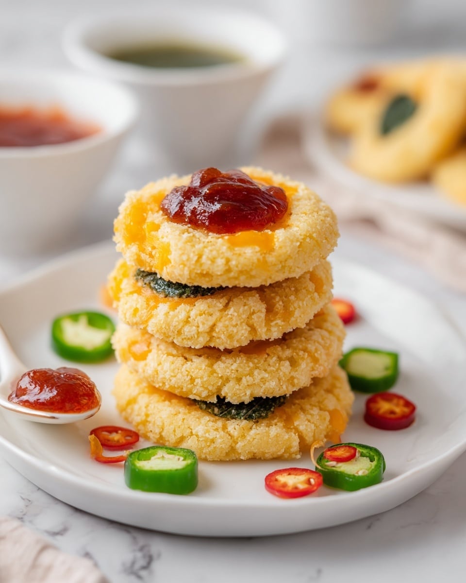 A stack of four golden, crumbly cookies is centered on a white plate with a white marbled texture underneath. Each cookie has a crumbly texture with orange cheese bits baked in. The top cookie has a glossy red jam dollop in the middle, sitting on a small layer of dark green spread. Around the stack, there are sliced green and red chili peppers placed on the plate. A white spoon to the left holds a small amount of the same red jam. In the background, there are blurred white bowls containing green and red sauces. photo taken with an iphone --ar 4:5 --v 7