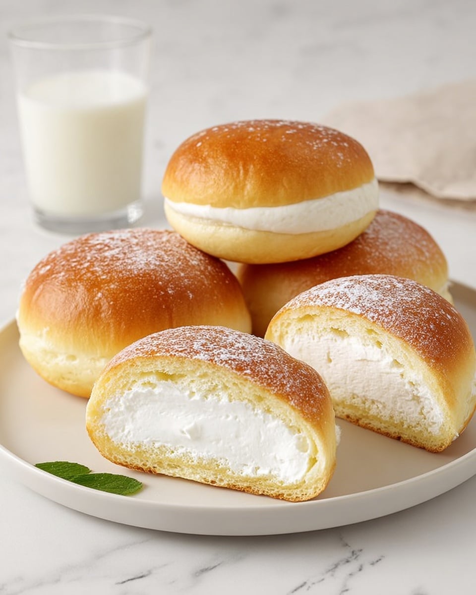 The image shows four round cream-filled buns on a white plate placed on a white marbled surface. Two whole buns have a golden brown, slightly glossy top layer with a soft, slightly textured side. In front of them, two buns are cut in half, revealing a thick, smooth, white cream filling that fills the inside of the soft beige bread. A small green leaf is on the plate near the buns, and a clear glass filled with white milk is visible in the background. Photo taken with an iphone --ar 4:5 --v 7