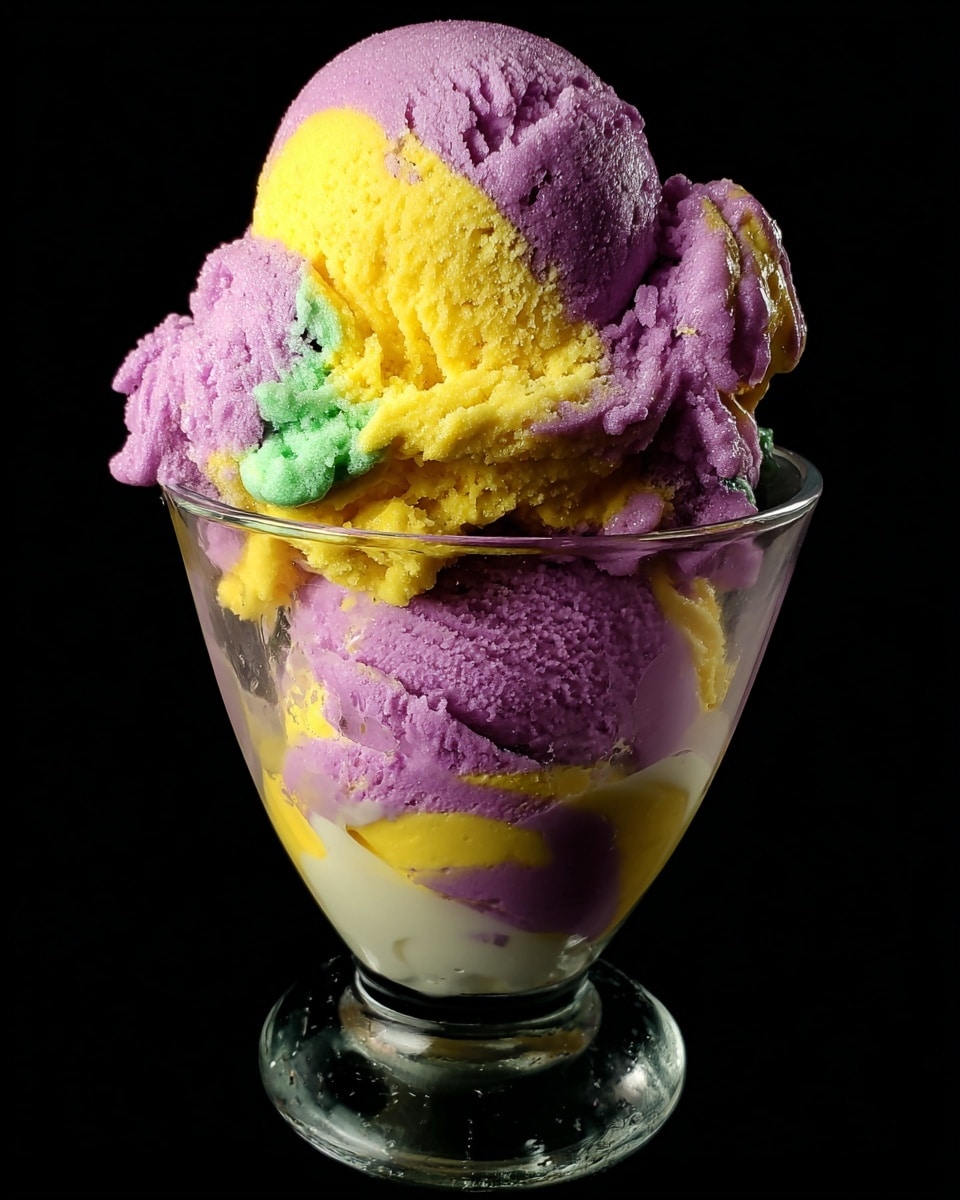 A tall glass dessert cup holds a large scoop of ice cream with three main colors swirled together: bright purple, vibrant yellow, and patches of light green. The purple sections dominate most of the scoop and have a soft, creamy texture with small air pockets. The yellow swirls are smooth and shiny, running through the middle and on top of the scoop. The light green highlights are scattered unevenly, blending where the purple and yellow meet. The glass cup is clear with a thick base, showing some melting ice cream at the bottom. The whole scene is set against a black background, emphasizing the ice cream's bright colors. photo taken with an iphone --ar 4:5 --v 7