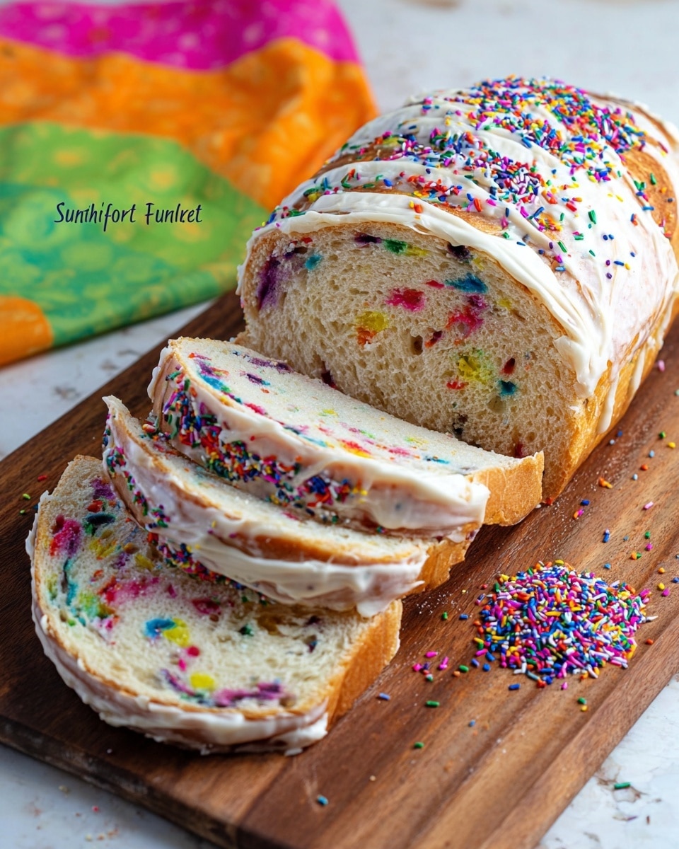 A loaf of sourdough bread sits on a wooden board with a white marbled background, partially sliced to show its inside. The bread has three visible slices, each showing a soft, airy texture filled with brightly colored rainbow sprinkles that are scattered inside the dough. The crust is golden brown and topped with a thick layer of white icing, which is unevenly spread and covered with more rainbow sprinkles. There is a small mound of rainbow sprinkles loose on the wood board near the bread. In the background, a multicolored fabric with green, yellow, orange, and pink hues adds a playful touch. Photo taken with an iphone --ar 4:5 --v 7