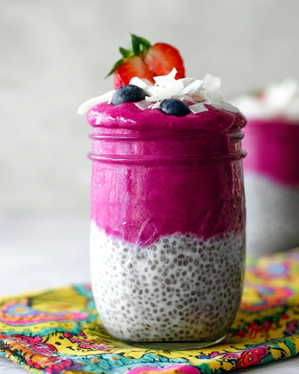 The image shows a clear glass jar filled with two visible layers. The bottom layer is a white chia seed pudding speckled with small black chia seeds, creating a dotted texture. Above this, there is a thick, bright magenta-purple smoothie layer that slightly overflows the rim, giving a creamy and smooth look. The top is garnished with white shredded coconut, a red strawberry with a green leafy top, and a few small blue blueberries peeking out. The jar sits on a bright cloth with a colorful, patterned design, all set against a soft white marbled background. Photo taken with an iphone --ar 4:5 --v 7