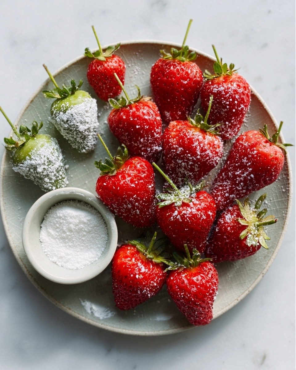 A white plate on a white marbled surface holds many bright red strawberries with green stems. On the left side of the plate, four strawberries are dipped halfway in a white powdery coating, arranged near a small white bowl filled with white powder. The strawberries have a fresh, slightly shiny texture, and the powder on some strawberries looks soft and fine. The lighting highlights the red and green colors vividly. photo taken with an iphone --ar 4:5 --v 7