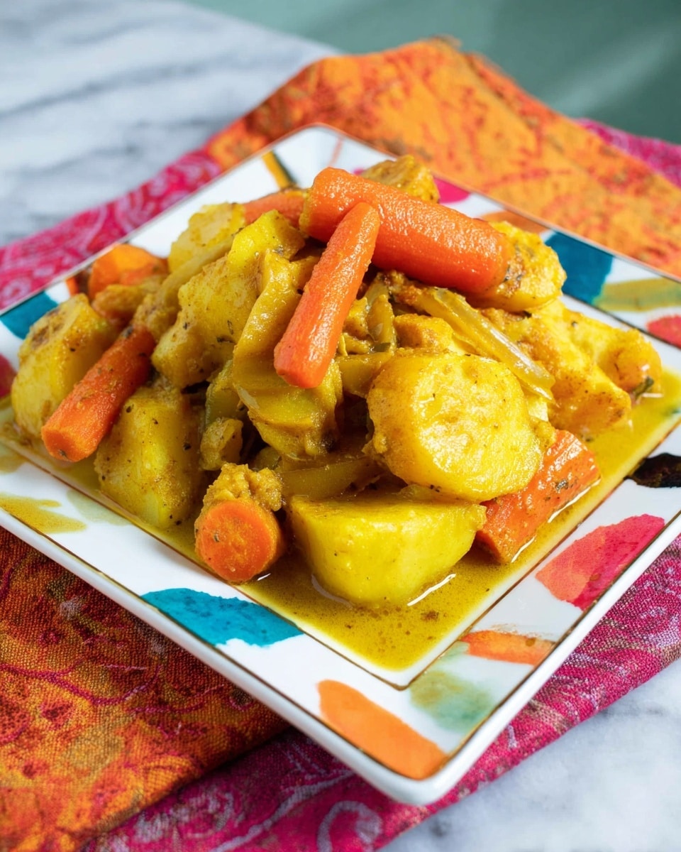 The dish is served on a white square plate with colorful abstract patterns along the edges, showing a mix of soft, chunky vegetables in warm colors. The bottom layer consists of uneven yellow pieces with a slight brown skin, topped with a few thick carrot sticks in bright orange placed haphazardly. The vegetables look tender and coated lightly in a mustard-yellow sauce that pools slightly at the base. The plate sits on a vibrant, multi-colored cloth, all set against a white marbled surface in the background. Photo taken with an iphone --ar 4:5 --v 7