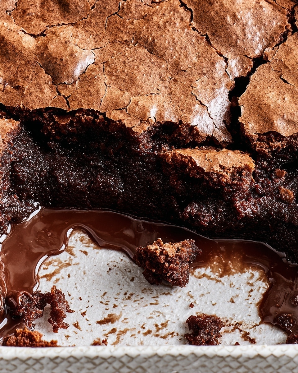 A close-up view of a chocolate brownie with a cracked, dry, light brown crust on top, showing a rich, shiny, dark chocolate gooey layer beneath it. The brownie is in a white textured baking pan with some crumbs and melted chocolate around the edges. The cracked top layer contrasts with the wet, dense middle layer below. The background has a white marbled texture. photo taken with an iphone --ar 4:5 --v 7