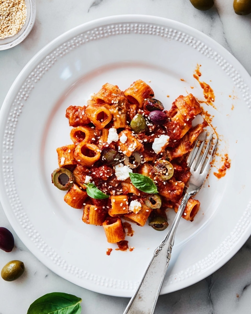 The dish is a small portion of pasta with a tomato sauce served on a white plate with a dotted rim. The pasta is small and tube-shaped, coated in a deep red sauce. Scattered through the pasta are whole and chopped green and dark olives, and small white crumbles that look like cheese. There are white sesame seeds sprinkled on top, along with a few fresh green basil leaves. A silver fork rests on the right side of the plate, partially covered by some pasta pieces and sauce. The plate sits on a white marbled textured surface, with a few olives placed around it. photo taken with an iphone --ar 4:5 --v 7