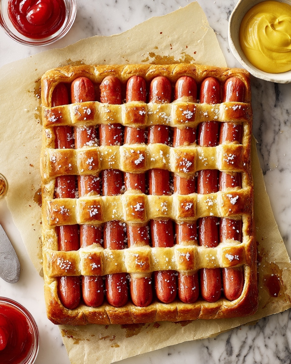 A grid-shaped baked dish features alternating layers of six horizontal cooked red sausages and rows of thick golden-brown dough strips woven vertically over and under the sausages, creating a lattice pattern. The dough strips are glossy with a soft texture and are sprinkled with coarse salt on top. The edges are framed with a thicker, darker golden crust. The dish is placed on a sheet of parchment paper with slight oil stains, and it is surrounded by a white bowl of smooth yellow mustard on the right and another white bowl with glossy red ketchup on the bottom left, all set against a white marbled surface. photo taken with an iphone --ar 4:5 --v 7