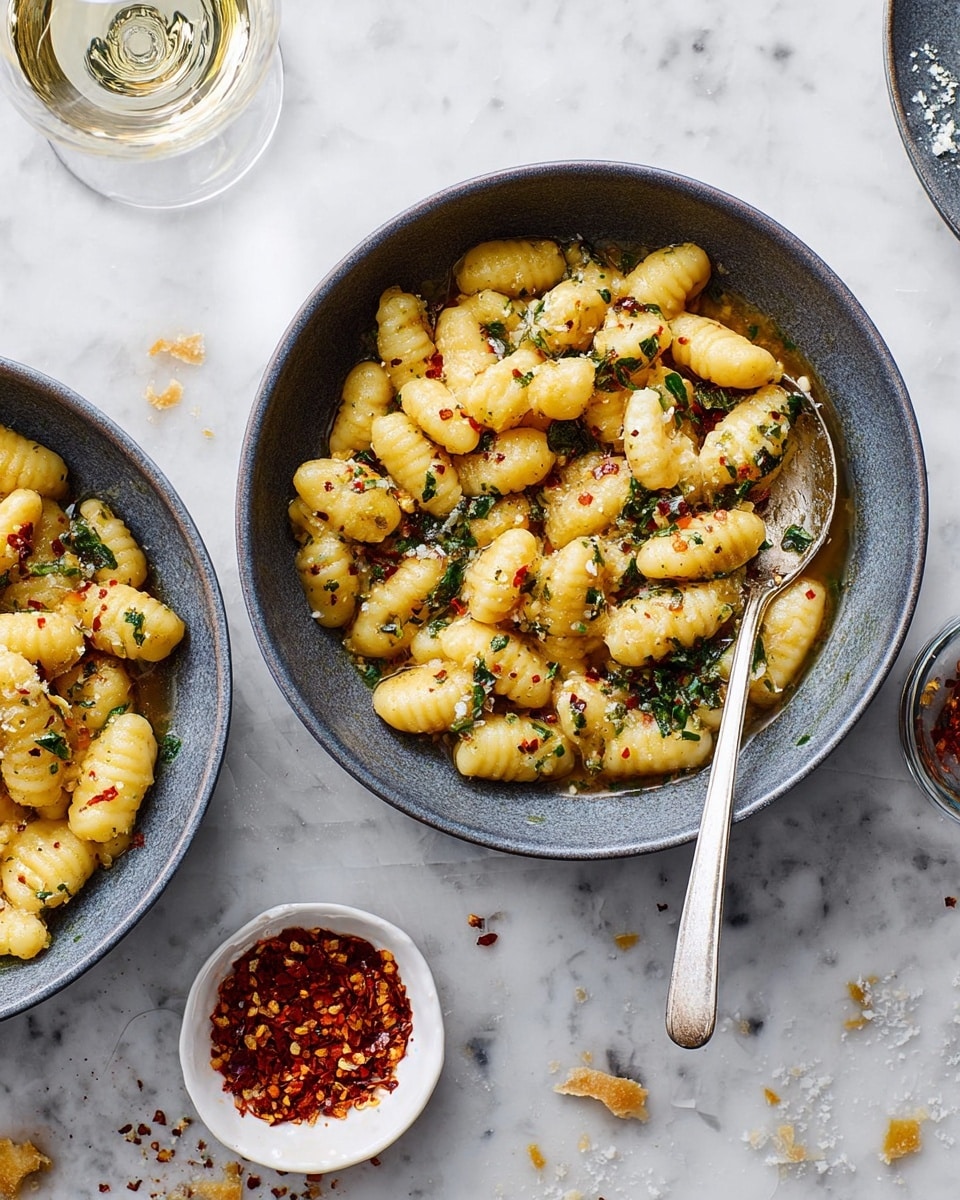 Two white bowls filled with small gnocchi pasta coated in an oily sauce with small green herb pieces and red chili flakes. The gnocchi are pale yellow, smooth with ridges, and scattered evenly in each bowl with a shiny and slightly wet texture. One bowl has a metal spoon resting inside, its handle pointing outward. Nearby is a small white bowl with red chili flakes. The background shows a white marbled surface with a wine glass partially visible on the left side and some scattered crumbs and chili flakes around. photo taken with an iphone --ar 4:5 --v 7