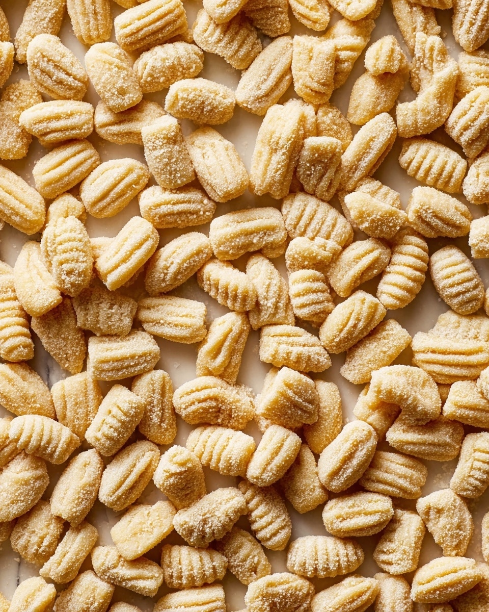 The image shows a large number of uncooked gnocchi pieces spread out closely together, filling the whole frame. Each gnocchi is small, cylindrical, and has a light cream color with a dusting of flour giving a slightly textured, powdery look. The gnocchi pieces have different ridged patterns on their surface, with some having deeper grooves and others more shallow lines. The overall texture appears soft and doughy, with a matte finish. The background has a white marbled texture visible between some of the pieces. photo taken with an iphone --ar 4:5 --v 7