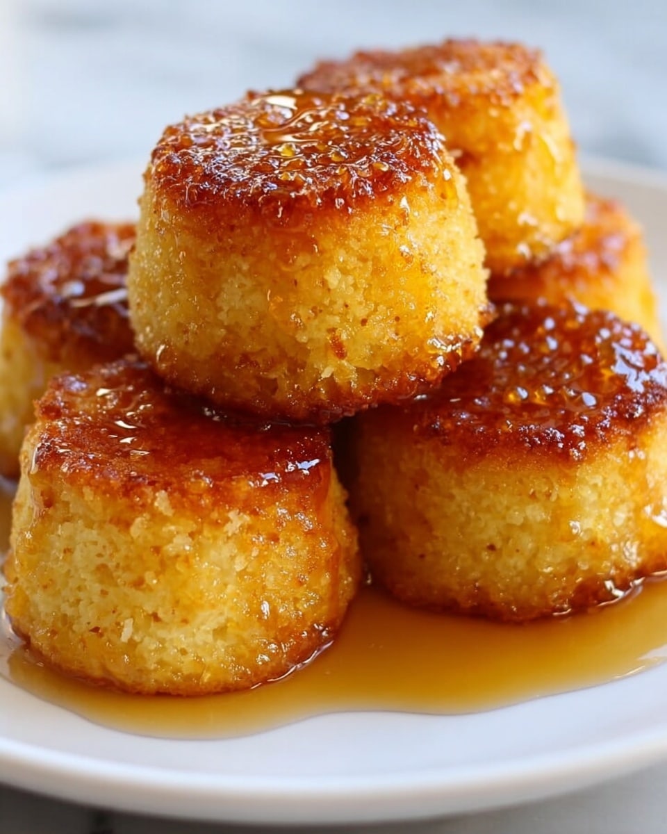 A close-up view of five small, round golden cakes stacked slightly unevenly on a white plate. The cakes have a textured, crumbly surface with a shiny, sticky syrup drizzled generously over the tops and sides, giving them a glossy finish. The top layer of syrup is amber-colored and pooled slightly on the plate under the cakes. The white plate sits on a white marbled surface blurred in the background. Photo taken with an iphone --ar 4:5 --v 7