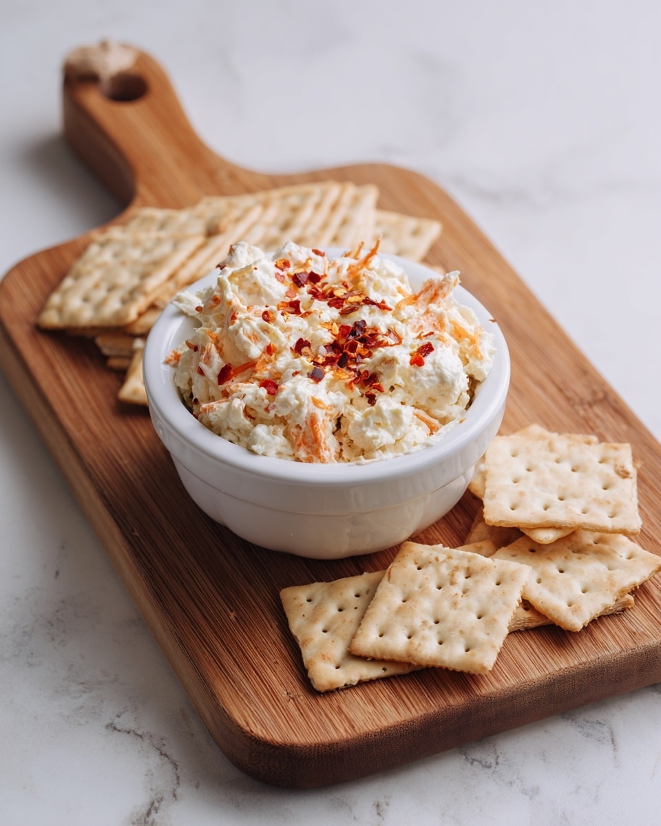 A small white bowl filled with a creamy white dip mixed with small bits of orange and topped with red chili flakes sits on top of a round wooden cutting board with a handle. Around the bowl, there is a neat pile of square saltine crackers, light beige with small perforations and a slightly toasted look. The board is placed on a white marbled textured surface. Photo taken with an iphone --ar 4:5 --v 7