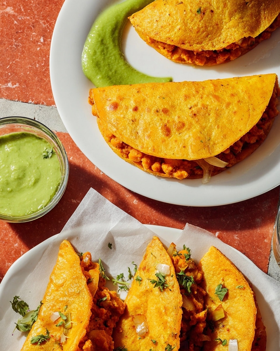The image shows a close-up of two golden, crispy corn tortillas folded in half and filled with an orange-colored mixture that looks like cooked beans or lentils with small pieces of onion, placed on a white plate. One tortilla is fully visible on top, slightly shiny with oil, and the other is partially visible underneath. On the left side of the plate, there is a dollop of thick green sauce with a smooth texture. Below the plate, there is a white platter lined with white parchment paper, holding several more folded, filled tortillas with the same orange filling peeking out, and small bits of green herbs sprinkled sparsely on top. The background features a white marbled texture with a hint of red from the tiled surface. Photo taken with an iphone --ar 4:5 --v 7