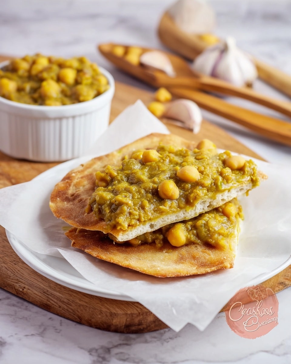 A white plate holds two pieces of golden brown fried flatbread stacked evenly, covered with a thick layer of chunky chickpea curry that is yellowish-green with visible whole chickpeas and a slightly smooth texture. The flatbread looks crispy around the edges and soft in the middle. The plate is lined with white parchment paper. In the background, there is a white ramekin filled with more of the chickpea curry, some garlic cloves, and wooden kitchen utensils resting on a white marbled surface. Photo taken with an iphone --ar 4:5 --v 7