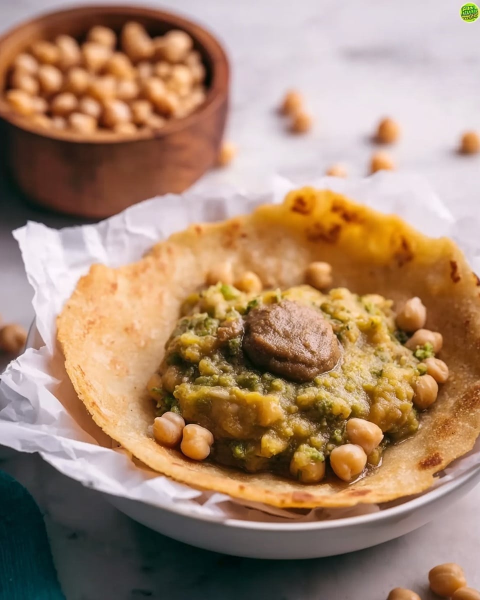 The image shows a single layer of light golden, crispy flatbread placed on white paper inside a white bowl. On top of the flatbread is one thick scoop of a chunky mixture made of pale yellow chickpeas and green peas cooked in a greenish sauce. A dollop of smooth dark brown paste sits on top of the chickpea mixture. In the background, there are some scattered chickpeas and a wooden bowl with more chickpeas on a white marbled surface. The woman's hand is partly visible on the right side of the frame. Photo taken with an iphone --ar 4:5 --v 7