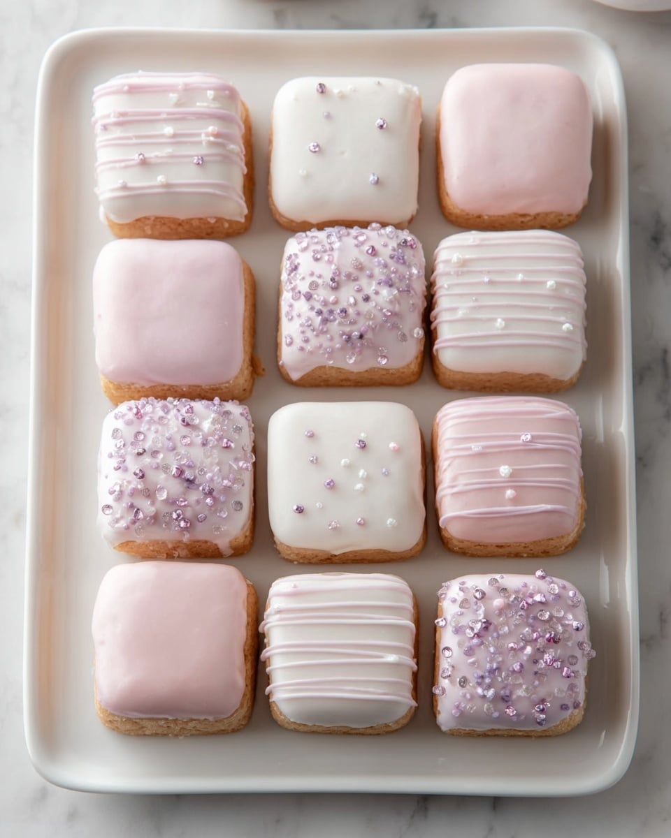 A white rectangular plate holds twelve small square cookies arranged neatly in a 3 by 4 grid. The cookies have a soft golden base and are topped with smooth icing in soft pastel pink, lavender, and white colors. Some cookies feature a shiny sugar crystal coating in pale pink or clear shades, giving a rough texture. Several cookies are decorated with thin, white icing stripes drizzled across the top in a diagonal or horizontal pattern, adding delicate detail. The plate sits on a surface with a white marbled texture, and the overall look is clean, light, and inviting. Photo taken with an iphone --ar 4:5 --v 7