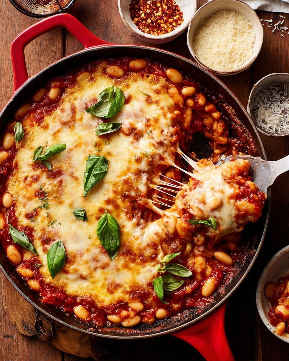 A round red skillet filled with a baked dish that has three main layers: at the bottom, a rich red tomato sauce mixed with white beans; in the middle, melted golden-brown cheese spread evenly, pulling in strands as a slice is lifted; on top, fresh green basil leaves scattered around for color contrast. The skillet sits on a wooden table with small bowls of grated cheese and red pepper flakes in the background. Photo taken with an iphone --ar 4:5 --v 7