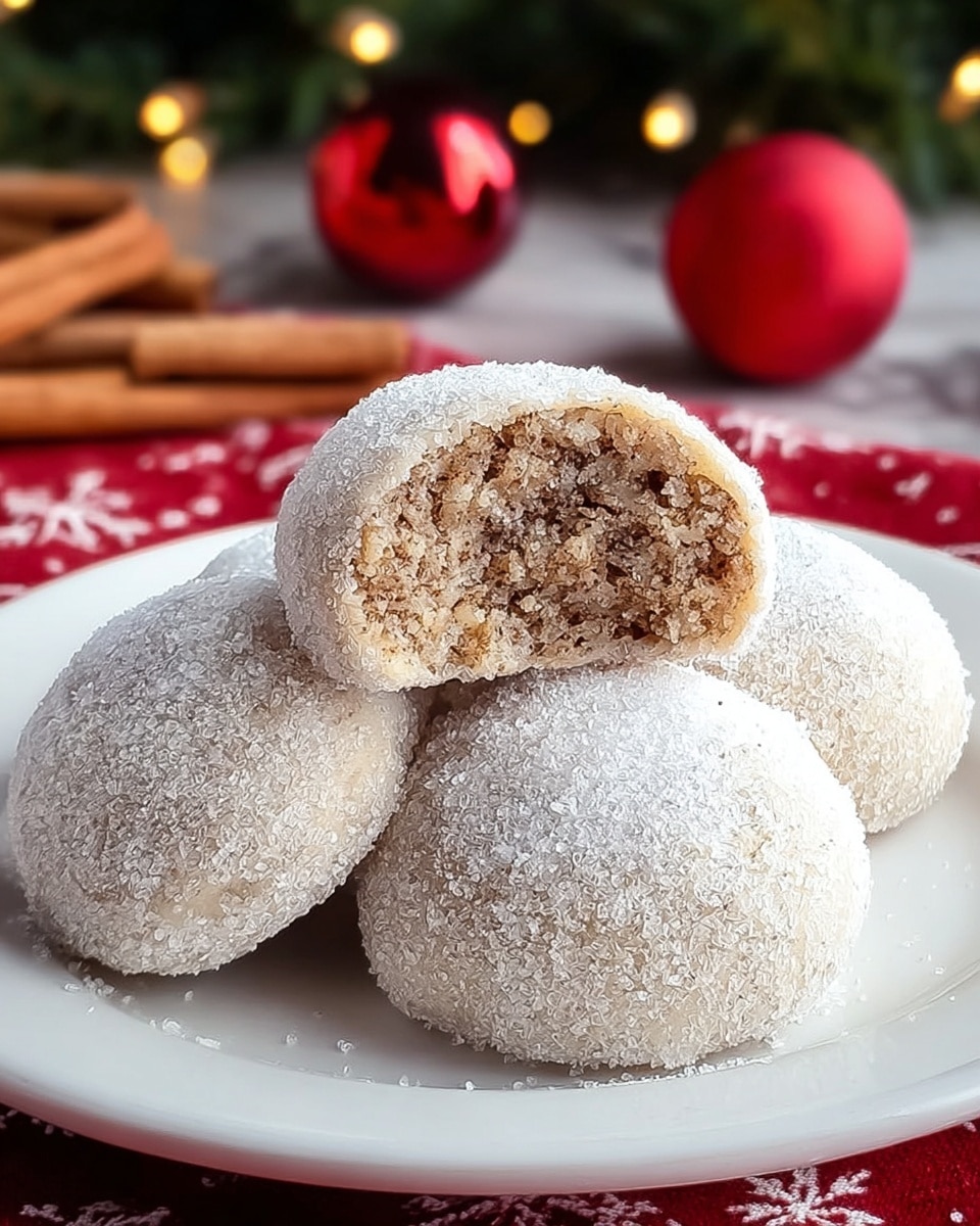 A white plate holds four sugar-coated round cookies that look soft, each with a light brown color under a thick layer of white sugar crystals. One cookie is cut in half and placed on top of the others, showing a textured inside that is a mix of light and dark brown. The plate is on a red cloth with white patterns, and the background is a blurred white marbled texture decorated with cinnamon sticks and red round ornaments. photo taken with an iphone --ar 4:5 --v 7