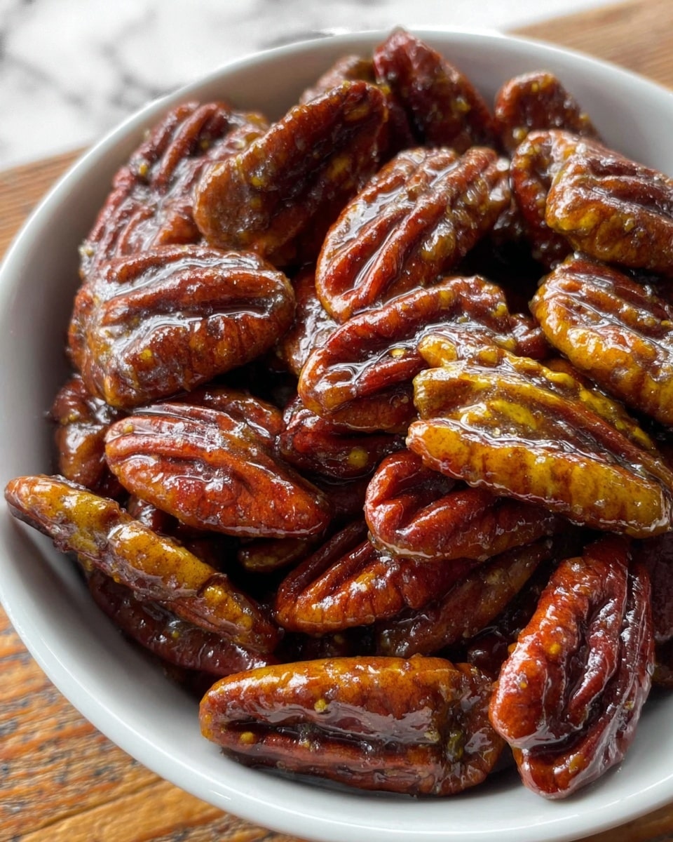 A close-up view of a white bowl filled with glossy glazed pecans. The pecans have a rich deep brown color with hints of golden yellow at their edges, covered in a shiny sticky layer of glaze. The surface of the nuts is textured and wrinkled, showing their natural shape clearly. The bowl sits on a wooden surface but the background is changed to a white marbled texture. Photo taken with an iphone --ar 4:5 --v 7
