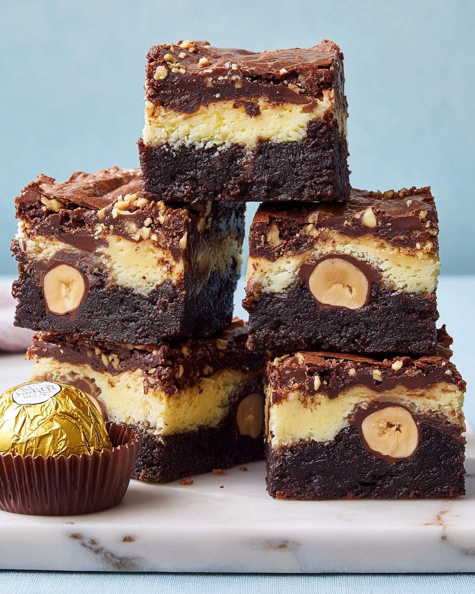 The image shows five square pieces of layered brownies stacked in two uneven towers on a white marbled surface. Each brownie has four clear layers: a dark brown fudgy base, a smooth dark chocolate layer above it, a thick pale yellow cheesecake layer in the middle, and a glossy dark chocolate top sprinkled with small nut pieces. Inside each brownie, a round chocolate piece with a whole hazelnut is visible, sitting between the cheesecake and base layers. To the left on the surface, there is a single round chocolate wrapped in gold foil with a brown paper cup underneath. The background is a plain soft blue. photo taken with an iphone --ar 4:5 --v 7