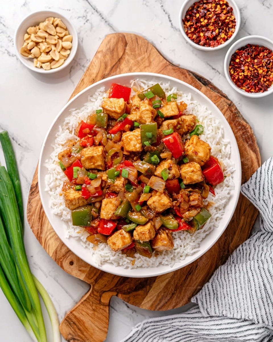 The dish features a white bowl filled with a colorful stir-fry on the top layer, consisting of golden brown pieces of tofu and vibrant diced red and green bell peppers, all coated in a glossy sauce. Underneath the stir-fry is a layer of fluffy white rice that fills the bowl. Around the bowl, there are small white bowls containing crushed red pepper and peanut toppings, placed on a wooden cutting board. A striped kitchen towel is partially visible at the bottom right corner, while green onions rest on the top left side of the board. The scene is set on a white marbled surface. Photo taken with an iphone --ar 4:5 --v 7
