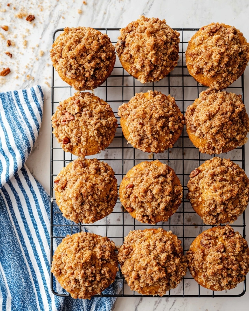 Thirteen round muffins with a crumbly, textured topping cover the entire muffin tops in uneven clumps of light and dark brown with bits of pecans visible, arranged on a black wire cooling rack. The muffins are golden brown with a soft, slightly rough surface showing beneath the crumb topping. The rack sits on a white marbled surface, with a blue and white striped cloth partially visible on the left side. Small crumbs are scattered around the muffins and rack, adding to the rustic look. Photo taken with an iphone --ar 4:5 --v 7
