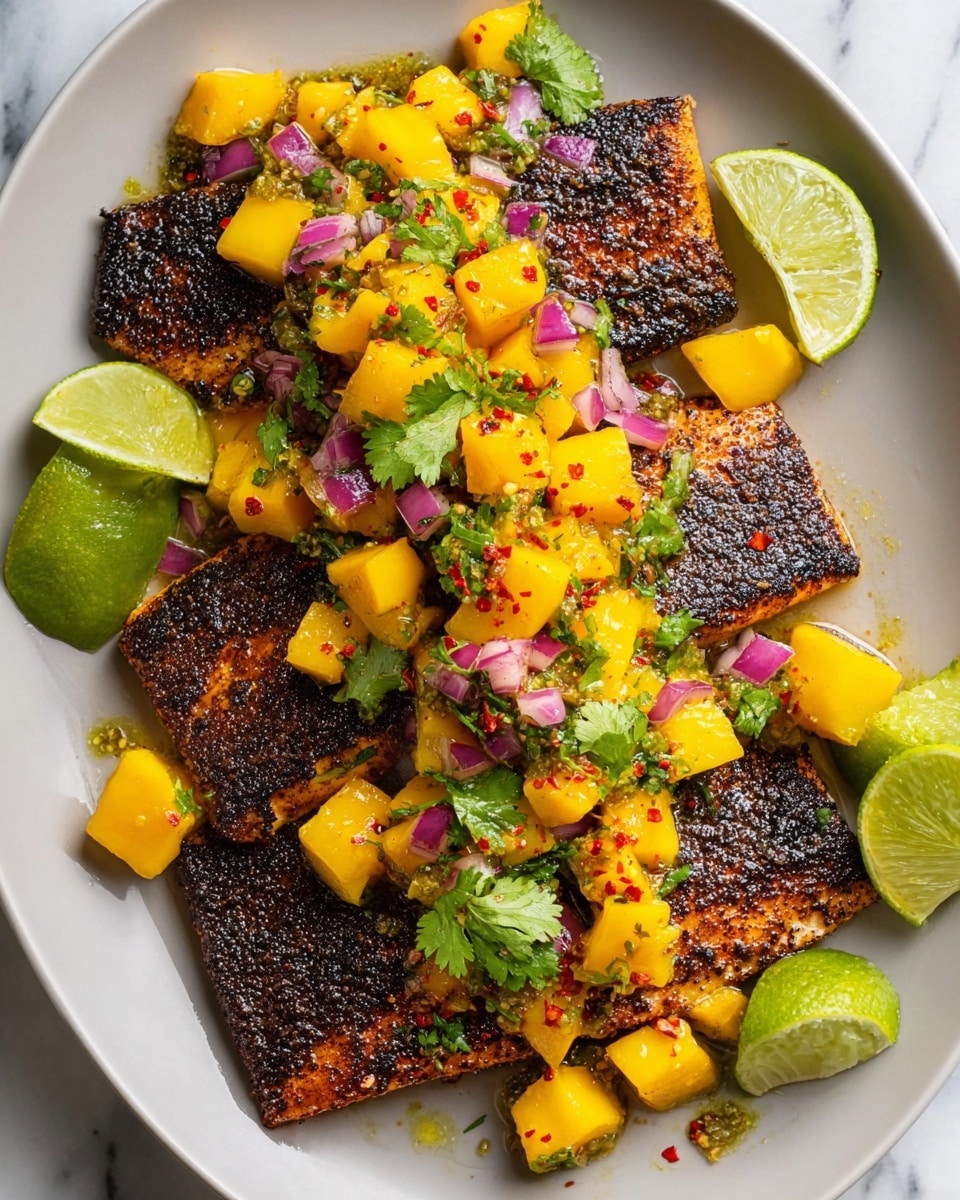 The dish shows several pieces of dark brown grilled fish with a slightly charred texture placed on a white plate. On top of the fish, there is a bright layer of chunky yellow mango cubes mixed with small pieces of purple-red onion and green cilantro leaves, all sprinkled with black pepper and red chili flakes. Around the edges of the plate, lime wedges add a fresh green touch. The plate is set on a white marbled surface. photo taken with an iphone --ar 4:5 --v 7