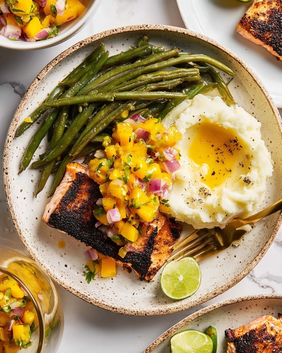 A white plate with brown speckles holds three main layers: on the left, a portion of cooked green beans seasoned with black pepper; below the beans, a piece of grilled salmon with a charred crust topped with bright yellow mango salsa mixed with red onions and green herbs; on the right, a creamy swirl of mashed potatoes with a golden pool of melted butter and sprinkled black pepper. Two lime wedges rest at the front edge of the plate, and a gold fork is placed on the right side, slightly under the mashed potatoes. The plate is set on a white marbled surface with a partial view of another white bowl with mango salsa in the top left and a white plate with another salmon piece in the top right. Photo taken with an iphone --ar 4:5 --v 7