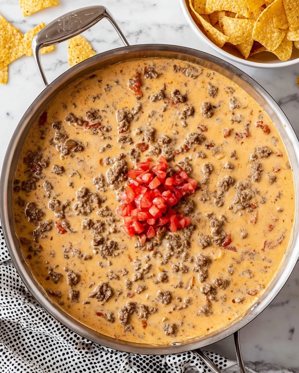 A close-up top view of a large silver skillet filled with a creamy, light brown cheese sauce mixed with small chunks of browned ground beef evenly spread throughout. In the center, a small pile of bright red diced tomatoes adds a pop of color. The skillet sits on a white marbled surface with a dotted black and white cloth partially under the pan. To the upper right, a white bowl filled with crispy, golden yellow tortilla chips is partially visible, with a few chips scattered near the skillet. photo taken with an iphone --ar 4:5 --v 7