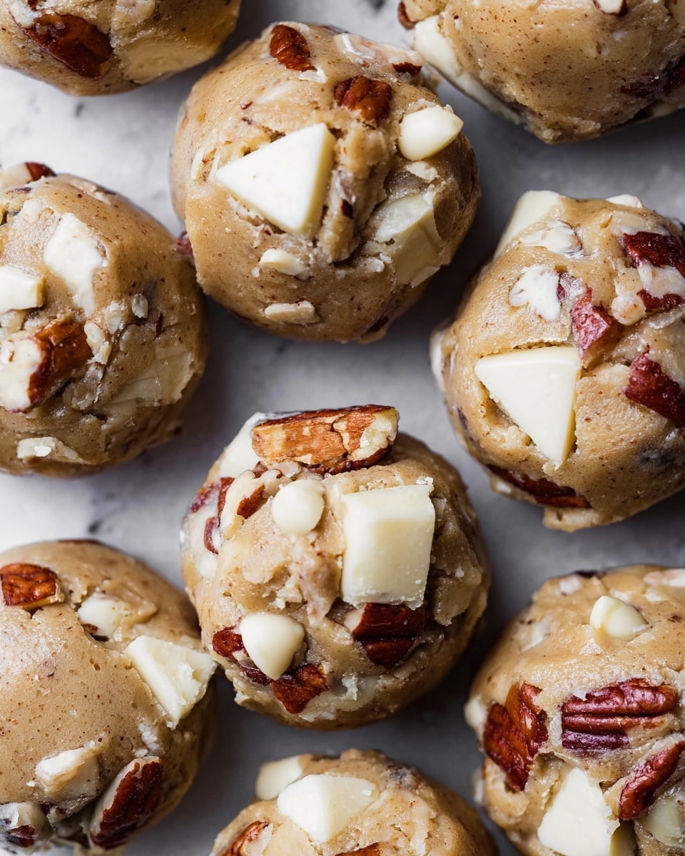 The image shows several round cookie dough balls on a white marbled surface, each packed with visible chunks of white chocolate pieces and pecan nuts. The cookie dough is light brown with a slightly soft and rugged texture, and the white chocolate pieces are smooth and glossy, nestled alongside reddish-brown pecan pieces that add a rough texture. The cookies are arranged closely, filling the frame with their uneven shapes and varied sizes of ingredients clearly visible. Photo taken with an iphone --ar 4:5 --v 7