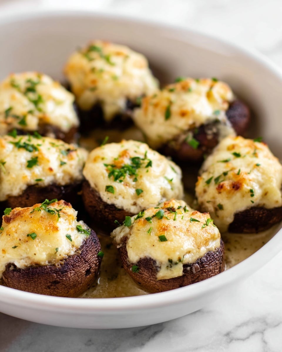 The dish shows a white bowl filled with stuffed mushrooms arranged closely together. Each mushroom has a dark, textured base with a creamy, light tan topping that looks soft and slightly browned, showing some golden spots from baking. The top layer has small green herb pieces scattered across, adding a fresh look. The bowl sits on a white marbled surface with a soft light highlighting the moist, slightly oily base around the mushrooms. The image is focused closely on the mushrooms, showing their smooth, fluffy top texture and the firm mushroom caps below. photo taken with an iphone --ar 4:5 --v 7