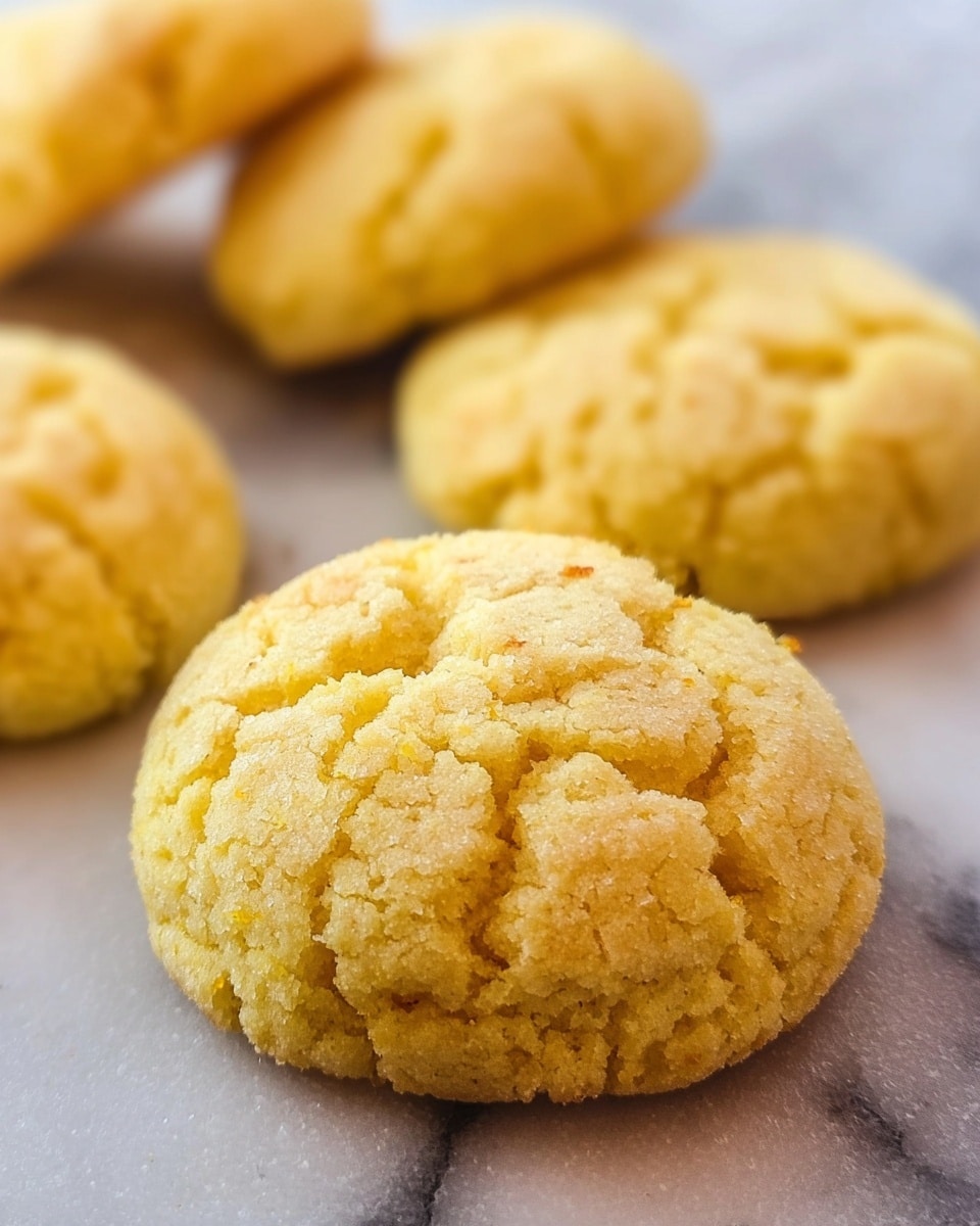 The image shows several round, golden-yellow cookies with a soft, crumbly texture. Each cookie has a cracked top surface that looks slightly rough and uneven, revealing a tender inside. The cookies are placed close to each other on a white marbled surface, with the closest cookie in sharp focus and the others blurred in the background. The lighting is bright, highlighting the warm color and soft texture of the cookies. photo taken with an iphone --ar 4:5 --v 7