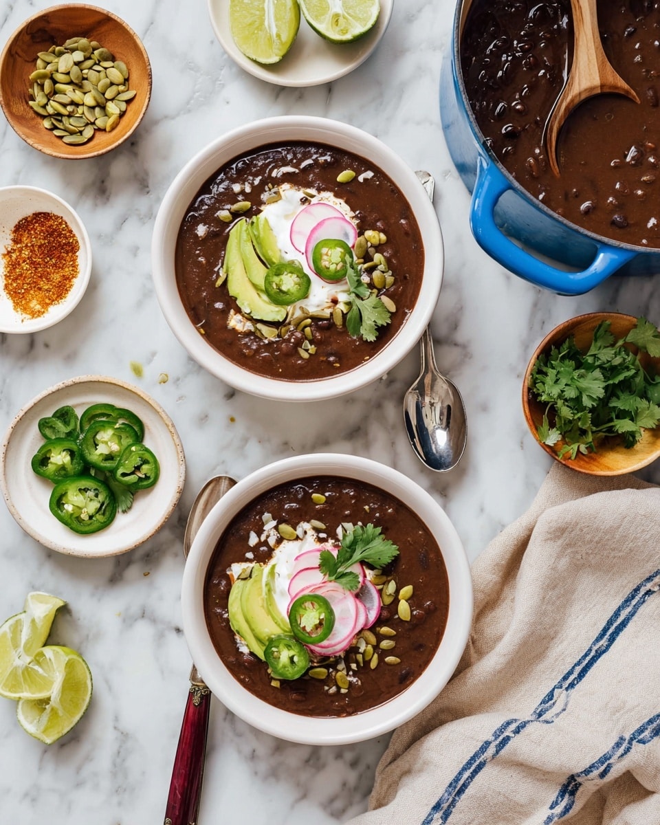 A white bowl filled with thick, dark brown black bean soup is centered on a white marbled surface. On top, there are several slices of light green avocado arranged in a small fan shape on the right side, a dollop of smooth white cream sprinkled with red chili powder in the middle, bright pink pickled onion curls beside the cream, and slices of vibrant green jalapeño peppers scattered around. Green cilantro leaves and pale green pumpkin seeds are also sprinkled on top for garnish. A spoon with a dark brown handle rests inside the bowl, partially submerged in the soup. Nearby, there is a small white plate with green cilantro, and a wooden dish with more jalapeño slices on the white marbled background. A silver spoon and a white cloth with blue pattern are also visible on the side. photo taken with an iphone --ar 4:5 --v 7