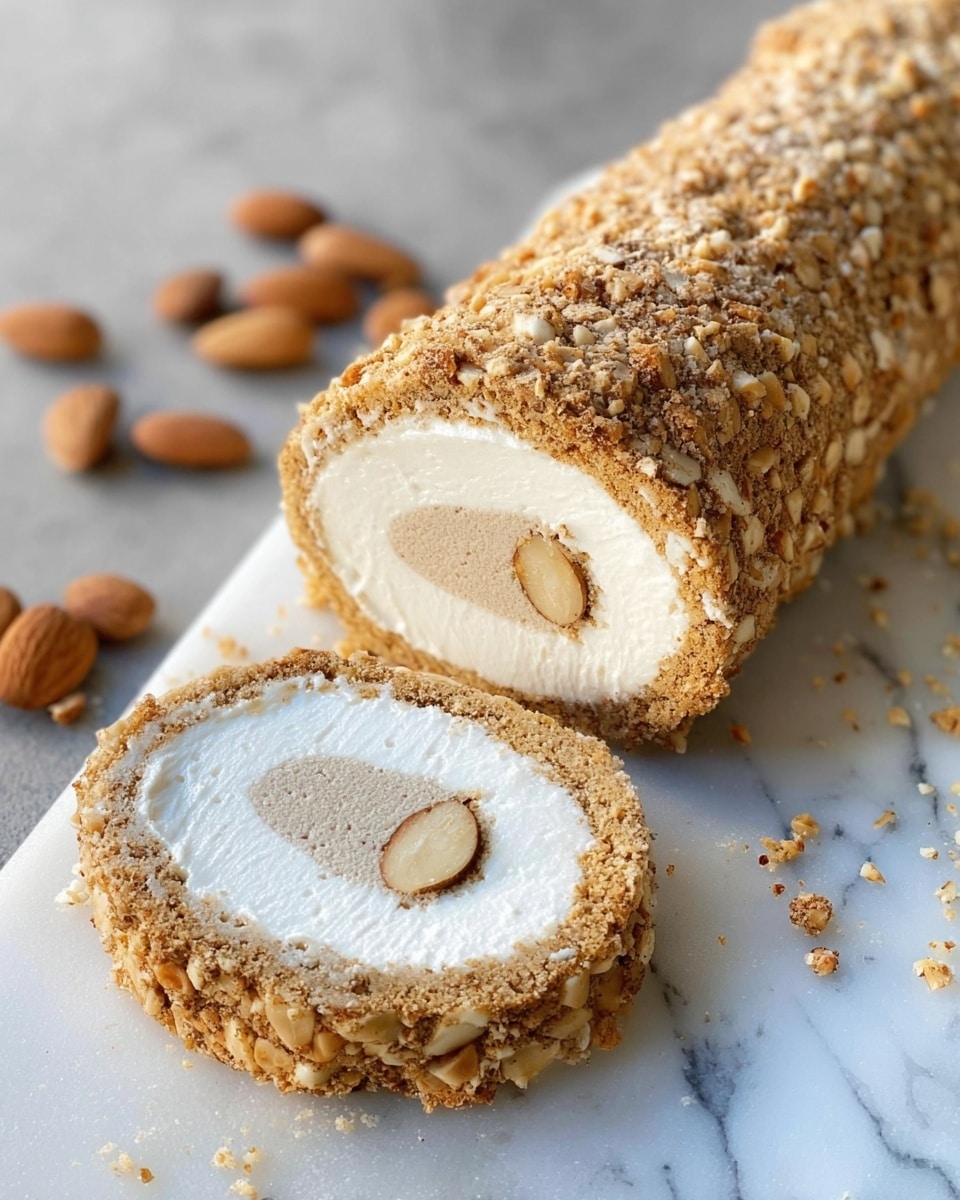 The image shows a close-up of a rolled dessert with three visible layers. The outer layer is light brown and covered in small, crunchy almond pieces, creating a rough texture. Inside this is a thick white layer, smooth and creamy in appearance. At the center is a dense, light beige layer with a slightly grainy texture and a single almond embedded in it. The dessert is placed on a white marbled surface with a few whole almonds scattered around it. Two slices are cut from the roll, showing the inside layers clearly. Photo taken with an iphone --ar 4:5 --v 7