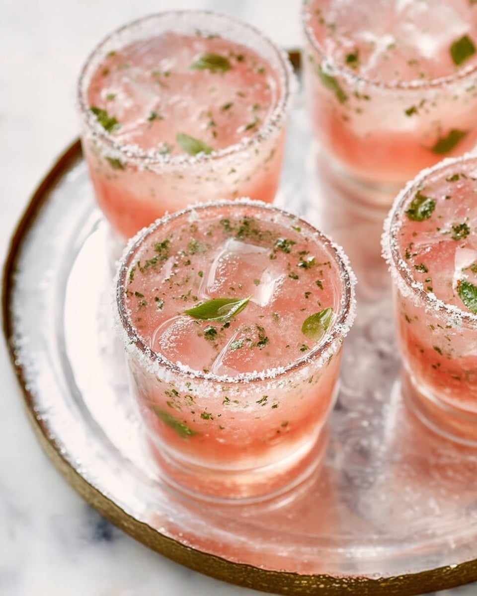 Four clear glasses are filled with a light pink drink that has small green herb pieces mixed inside. Each glass has a rim covered with coarse white salt, and inside the drink are a few medium-sized ice cubes. The glasses are placed on a round, clear glass tray, which sits on a white marbled surface. The drink looks fresh and slightly bubbly. photo taken with an iphone --ar 4:5 --v 7