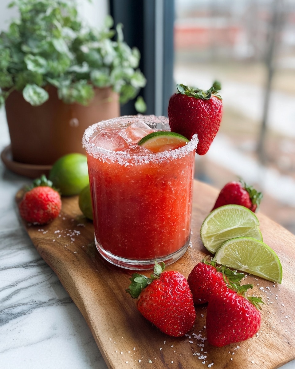 A clear glass filled with a thick, bright red strawberry drink with a salt rim holds ice cubes and a thin green lime slice floating on top. A large fresh strawberry with green leaves is placed on the glass rim. The glass sits on a brown wooden board along with whole fresh strawberries and two lime wedges, one green and one light yellow. In the background, there is a green leafy plant in a small brown pot, and the scene is set near a window showing a blurry outdoor view. The surface is a white marbled texture. photo taken with an iphone --ar 4:5 --v 7