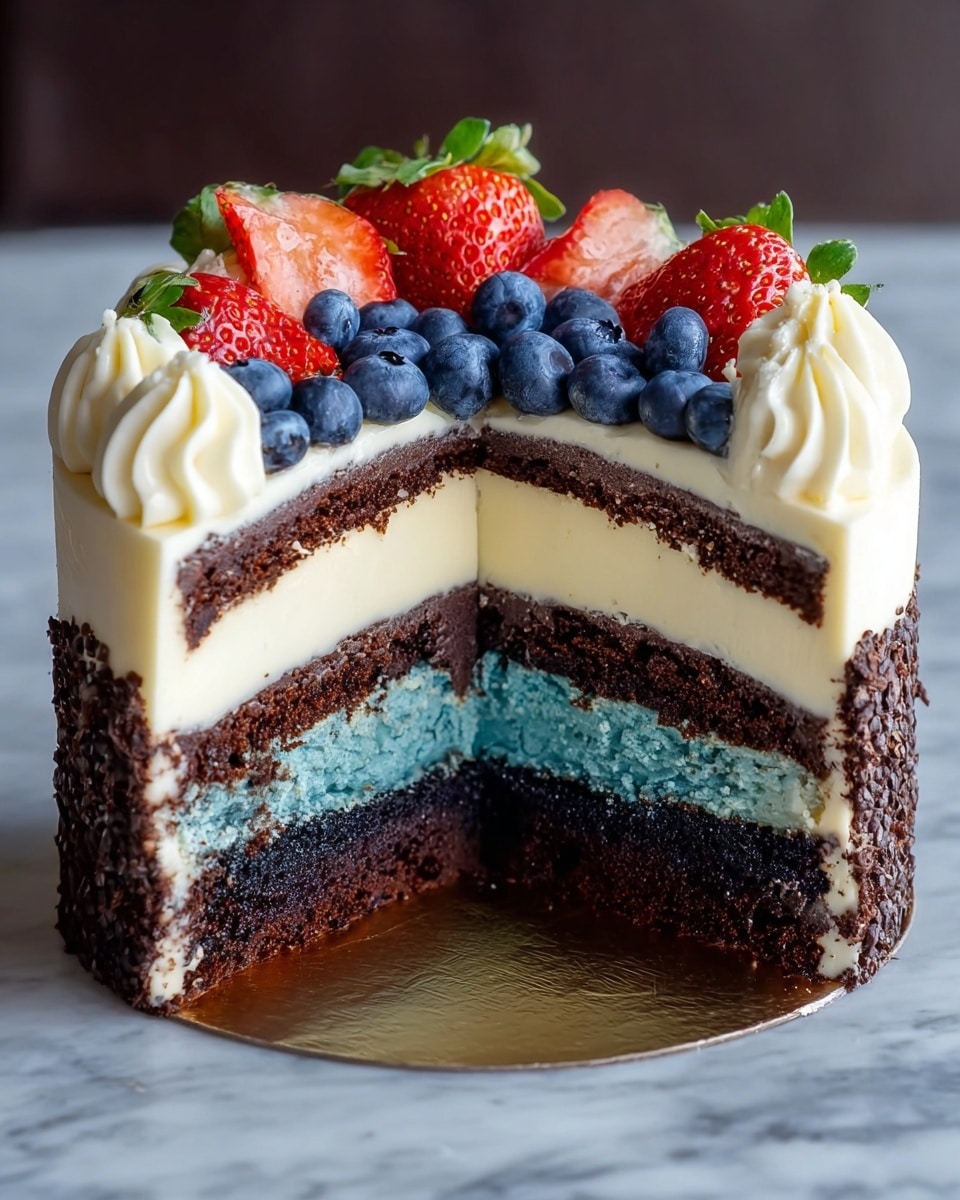 A sliced layered cake sits on a white marbled texture, showing four distinct layers: the bottom and third layers are dark brown chocolate cake, the second and top inside layers are bright blue, and thick creamy white frosting separates each layer and covers the top. The cake is decorated with fresh blueberries and whole and halved strawberries arranged on top along with swirls of white cream. The cake edges have a rich chocolate crust. photo taken with an iphone --ar 4:5 --v 7