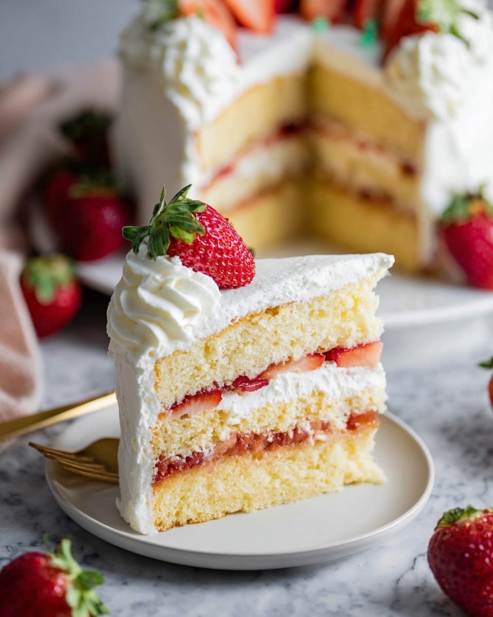 A slice of three-layer yellow cake sits on a white plate with a white marbled texture underneath. Each cake layer is soft and light yellow, separated by thick white whipped cream and fresh sliced strawberries that add bright red and juicy texture. The outside of the cake slice is covered with smooth white whipped cream, decorated with a small swirl and a halved strawberry on the side. In the background, part of the whole cake shows similar layers and a white cream finish, with fresh strawberries scattered around. Photo taken with an iphone --ar 4:5 --v 7