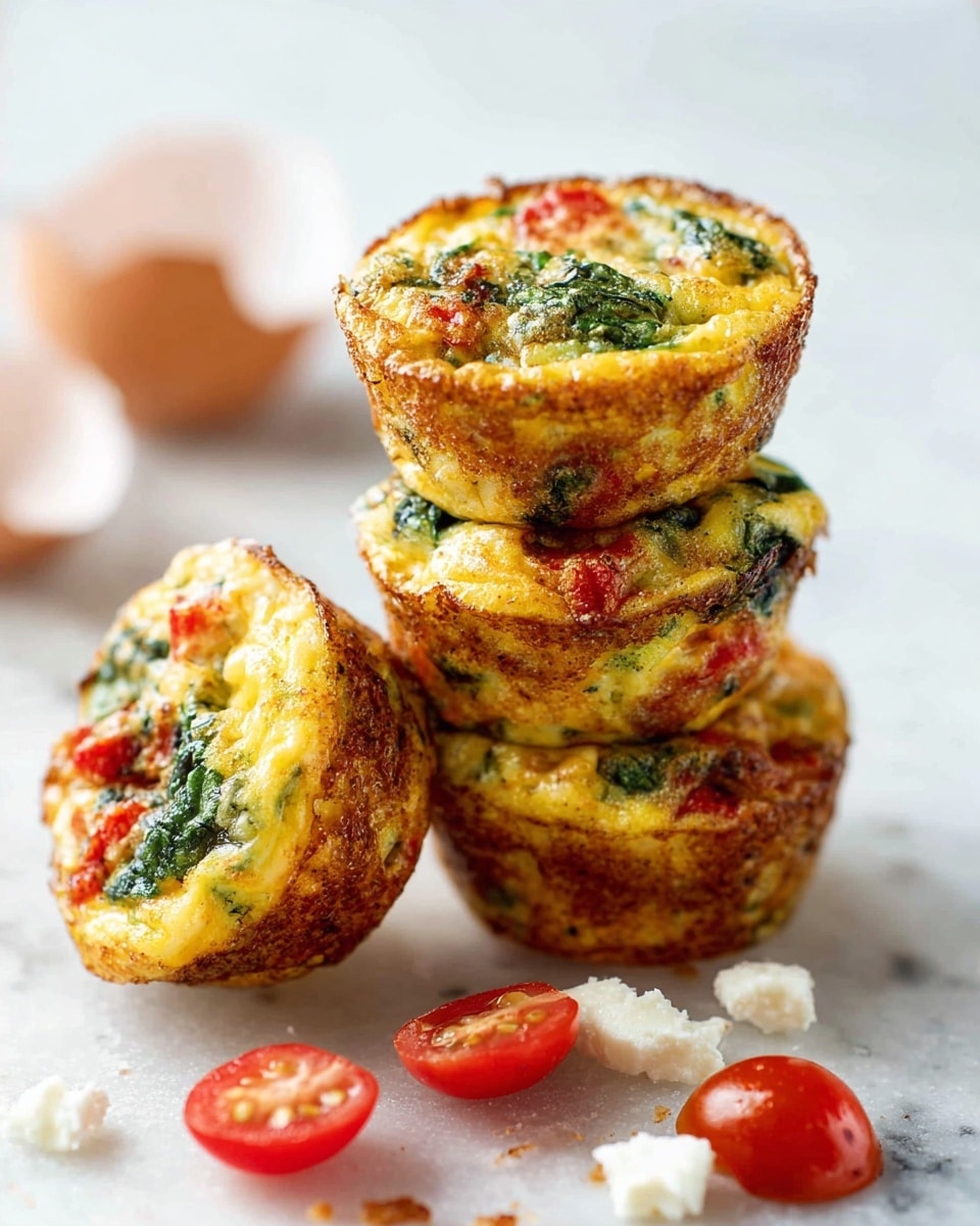 A stack of four small egg muffins is shown on a white marbled surface, with one muffin leaning against the stack on its side. Each muffin has a golden brown outer crust with a slightly rough texture. The inside layers are filled with a mix of yellow cooked egg, green spinach, and small chunks of red tomato, creating a colorful, speckled pattern. Scattered around the muffins are halved cherry tomatoes in bright red and small pieces of white crumbly cheese. Broken eggshells in a soft brown tone sit blurred in the background. The scene is bright with soft lighting. photo taken with an iphone --ar 4:5 --v 7